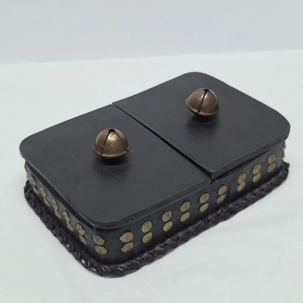 VTG Poland Studded Leather Double Deck Playing Card Box Holder With Bells MCM